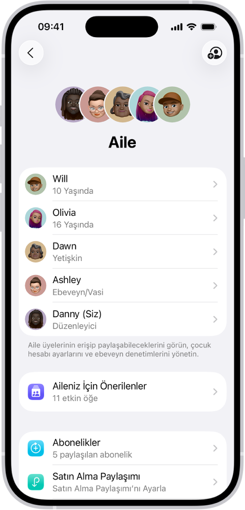 Ayarlar’daki Aile Paylaşımı ekranı. Beş aile üyesi listeleniyor. Adlarının altında Aile Denetim Listesi ve onun altında da Abonelikler ve Satın Alma Paylaşımı seçenekleri var.