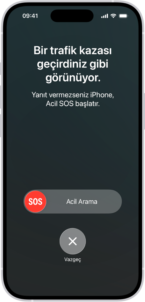 Trafik Kazası Algılama ekranı, trafik kazası yaşadığınıza dair bir bildirim gösteriyor, altında ise vazgeç düğmesi ile Acil Arama SOS sürgüsü var.