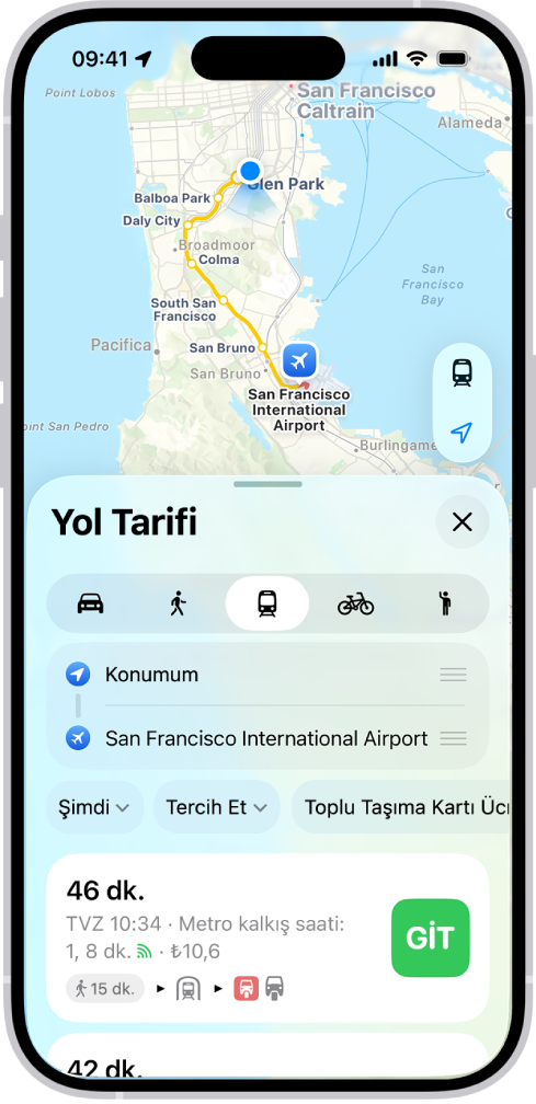 Toplu taşıma güzergâhlarını gösteren bir harita. En alttaki güzergâh kartı; tahmini yolculuk süresi ve toplam maliyet dahil olmak üzere güzergâh için ayrıntılar sunuyor. Ayrıntıların sağında bir Git düğmesi görünür.