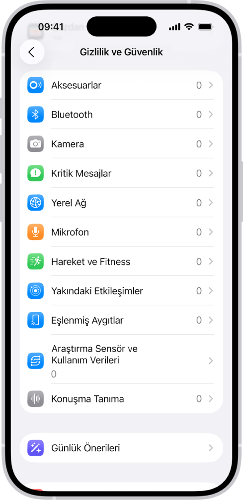 Uygulamaların kamerayı, mikrofonu veya iPhone’unuzun diğer bölümlerini kullanıp kullanamayacağını denetleme ayarlarıyla Gizlilik ve Güvenlik ekranı.