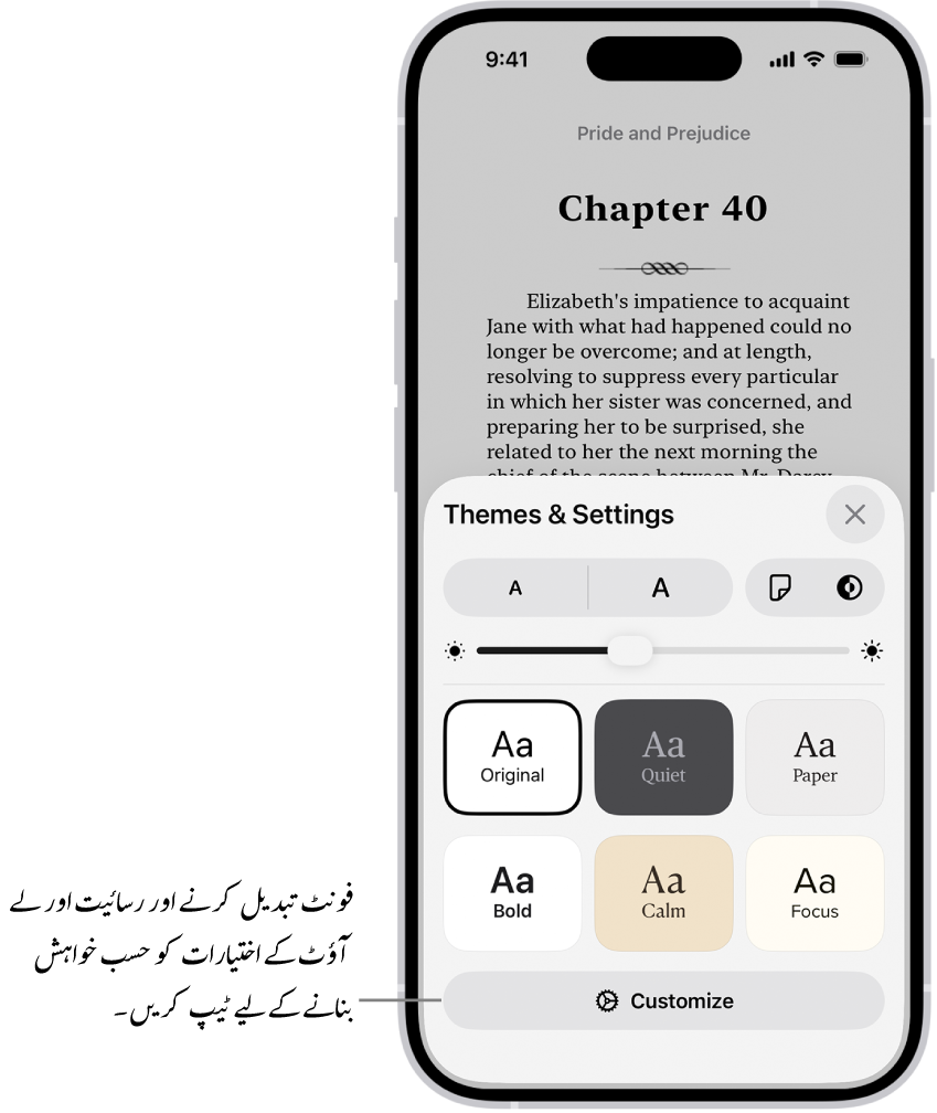 کتاب ایپ میں کتاب کا صفحہ۔ فونٹ سائز، اسکرولنگ ویو،صفحہ پلٹنے کا اسٹائل، روشنی اور فونٹ اسٹائل کے کنٹرول دکھانے والے تھیم اور سیٹنگ کے اختیارات۔