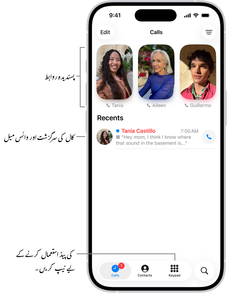 یونیفائیڈ لے آؤٹ میں فون ایپ میں موجود کال ٹیب۔ پسندیدہ روابط سب سے اوپر ظاہر ہوتے ہیں۔ “پسندیدہ” کے نیچے حالیہ کال اور وائس میل کی فہرست ہے۔ “کال”، رابطہ ایپ اور کی پیڈ ٹیب دیکھنے کے بٹن نیچے ظاہر ہوتے ہیں۔ “تلاش کریں” بٹن نچلے دائیں کونے میں ہے۔