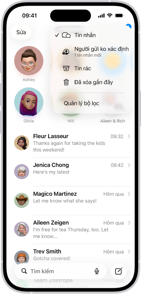 Một danh sách cuộc hội thoại trong Tin nhắn. Tất cả các tin nhắn được hiển thị, vì không có bộ lọc nào được chọn trong menu Lọc.