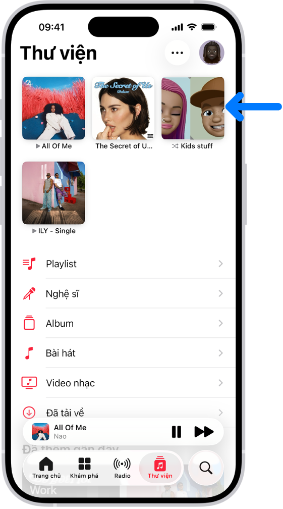 Tab Thư viện với mũi tên trỏ vào các mục đã ghim, chẳng hạn như bài hát, album và playlist, ở trên cùng.