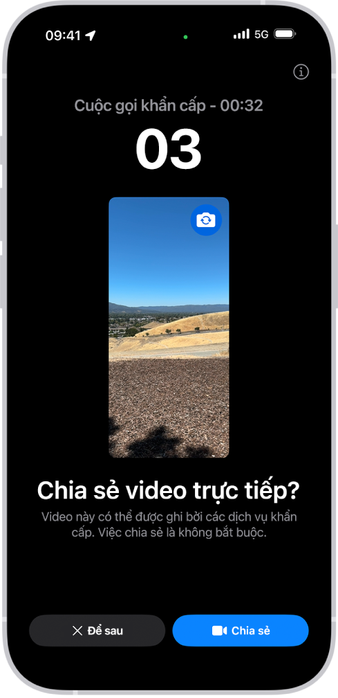 Một màn hình Video trực tiếp SOS khẩn cấp hiển thị một cuộc gọi khẩn cấp cho 911 với bản xem trước video ở giữa. Ở dưới cùng là các nút Để sau và Chia sẻ video.
