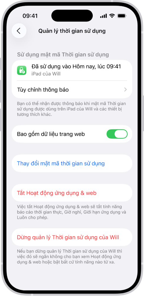 Màn hình Quản lý thời gian sử dụng cho một trẻ em trong gia đình. Phần trên cùng của màn hình hiển thị lần gần đây nhất mật mã được sử dụng và trên thiết bị nào.