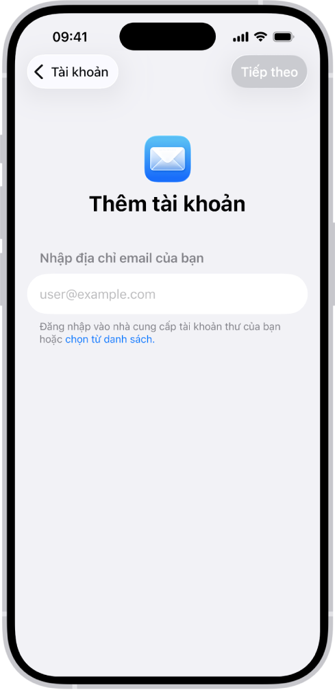 Màn hình Thêm tài khoản với một trường để nhập địa chỉ email của bạn.