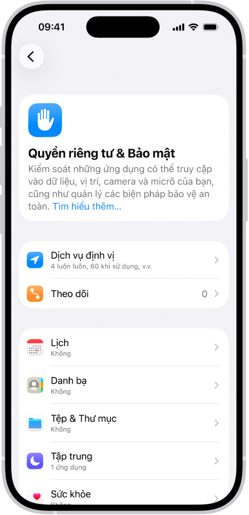 Màn hình Quyền riêng tư & Bảo mật trong Cài đặt.