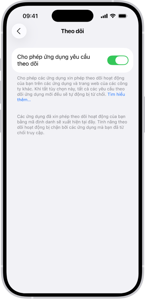 Màn hình Theo dõi, với cài đặt để kiểm soát việc ứng dụng có thể yêu cầu theo dõi bạn trên các trang web hoặc ứng dụng do các công ty khác sở hữu hay không.