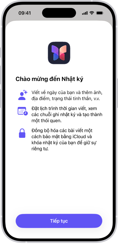 Màn hình chào mừng cho ứng dụng Nhật ký.