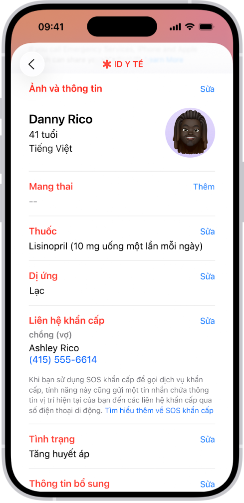 Một màn hình ID y tế chứa thông tin bao gồm ngày sinh, thuốc, dị ứng, liên hệ khẩn cấp và tình trạng y tế.
