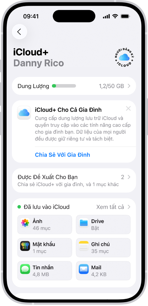 Màn hình cài đặt iCloud đang hiển thị công cụ đo dung lượng iCloud và một danh sách các tính năng – bao gồm Ảnh, iCloud Drive và Sao lưu iCloud – có thể được sử dụng với iCloud.