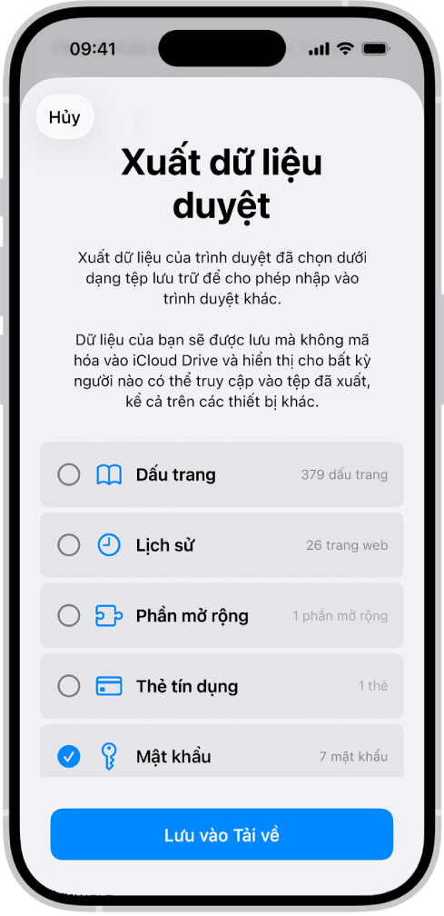 Màn hình Xuất dữ liệu duyệt, với tùy chọn Mật khẩu được chọn để xuất sang một trình quản lý mật khẩu khác.