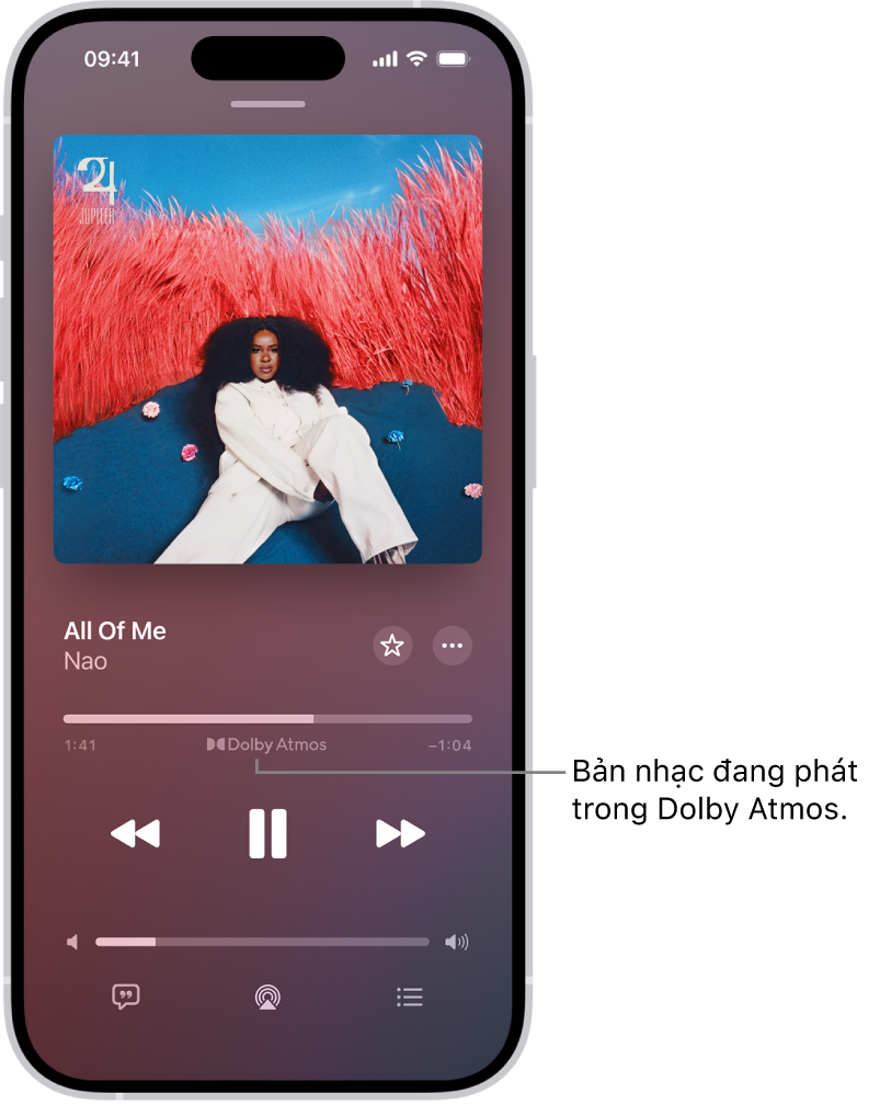 Màn hình Đang phát đang hiển thị biểu tượng Dolby Atmos cho bài hát đang phát.