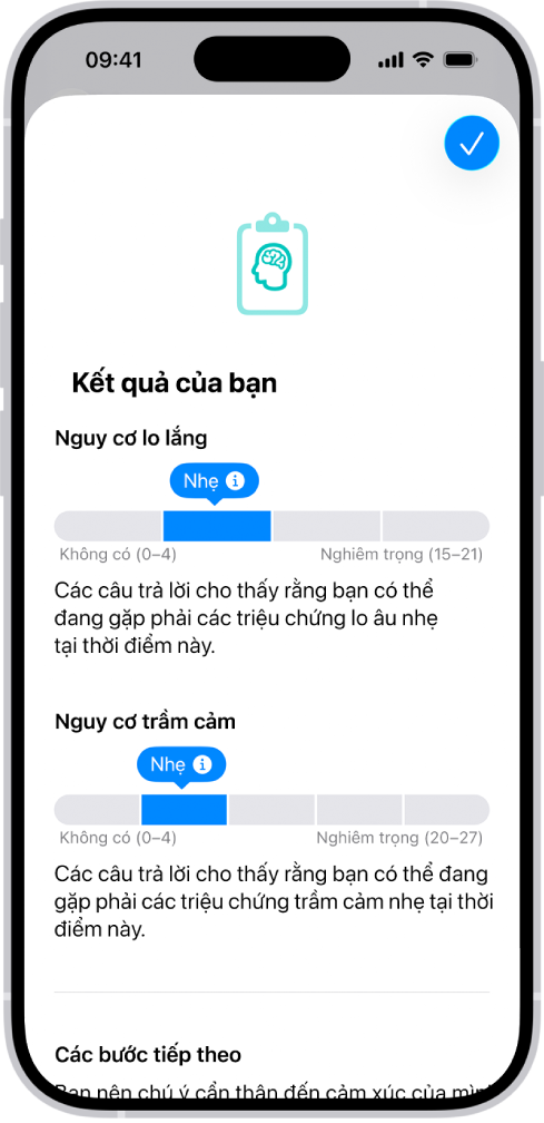 Một màn hình trong ứng dụng Sức khỏe đang hiển thị kết quả của bảng câu hỏi sức khỏe tinh thần.