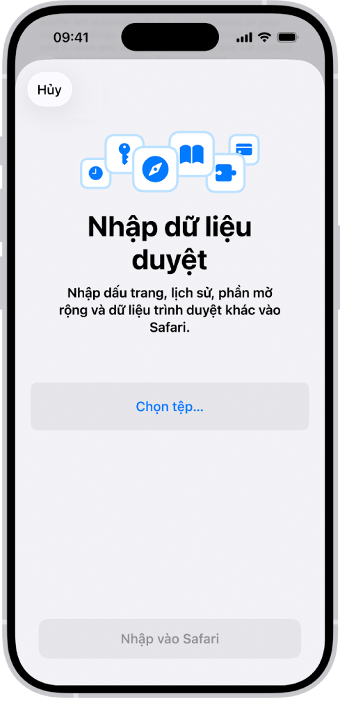 Màn hình Nhập dữ liệu duyệt, đang nhắc bạn chọn một tệp để nhập.