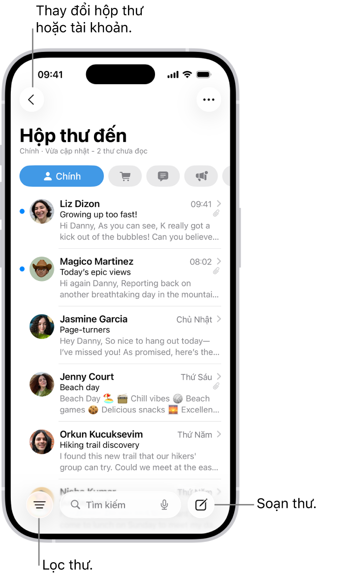 Hộp thư đến của Mail, đang hiển thị một danh sách các email.
