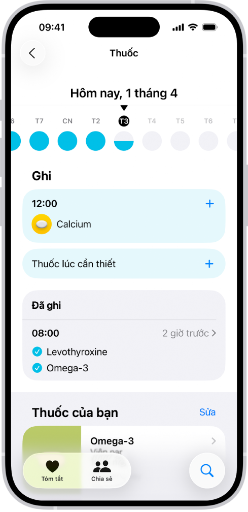 Màn hình Thuốc trong Sức khỏe đang hiển thị ngày và một bản ghi cho các loại thuốc.