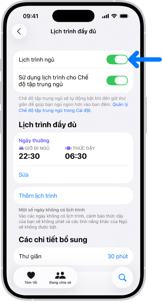 Màn hình Lịch trình ngủ đầy đủ trong Sức khỏe với Lịch trình ngủ được bật ở trên cùng.