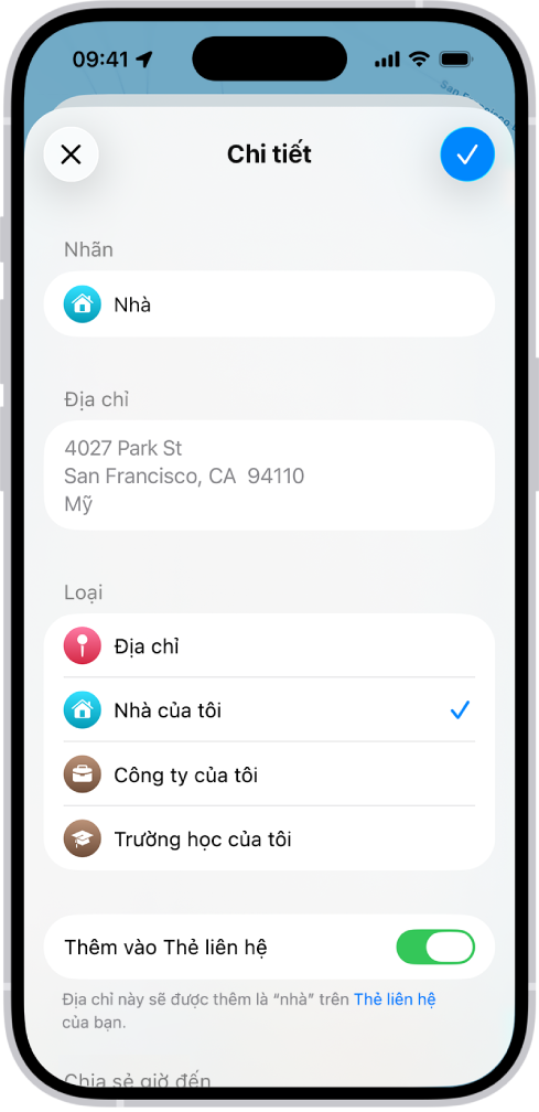 Ứng dụng Bản đồ đang hiển thị màn hình Chi tiết với các tùy chọn để đặt địa chỉ là nhà, công ty hay trường học.