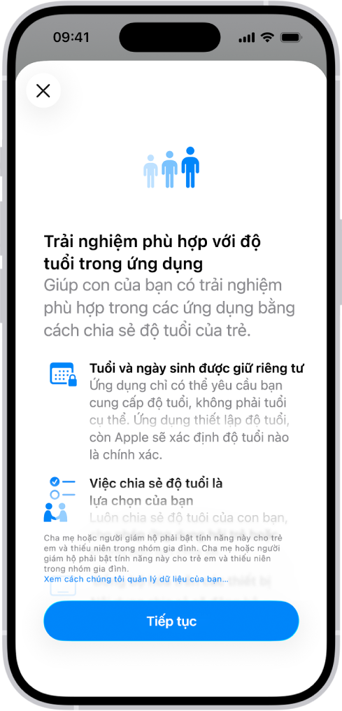 Màn hình Trải nghiệm phù hợp với độ tuổi trong ứng dụng trong Cài đặt. Phần này giải thích cách giúp trẻ em có trải nghiệm ứng dụng phù hợp bằng cách chia sẻ độ tuổi của trẻ.
