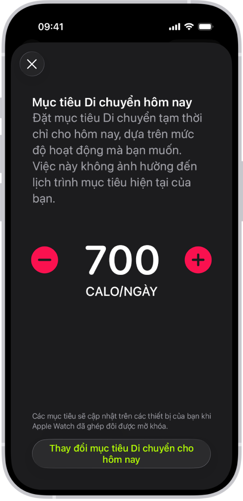 Màn hình Lịch trình mục tiêu Di chuyển của Thể dục đang hiển thị các nút để tăng hoặc giảm mục tiêu Di chuyển.