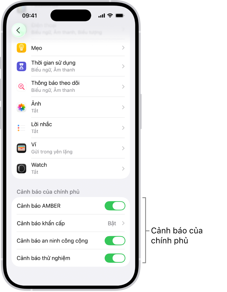 Màn hình Thông báo, đang hiển thị Cảnh báo của chính phủ mà bạn có thể bật để nhận các cảnh báo của chính phủ.