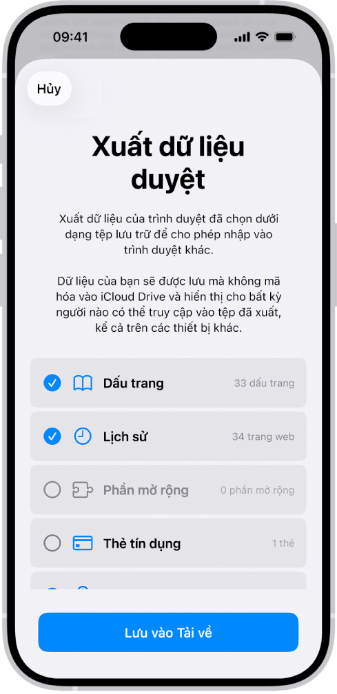 Màn hình Xuất dữ liệu duyệt, hiển thị dữ liệu bạn có thể xuất từ Safari sang một trình duyệt khác.