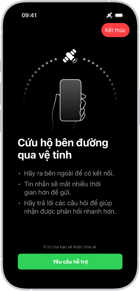 Màn hình cứu hộ bên đường qua vệ tinh. Nút Yêu cầu hỗ trợ nằm ở cuối màn hình.