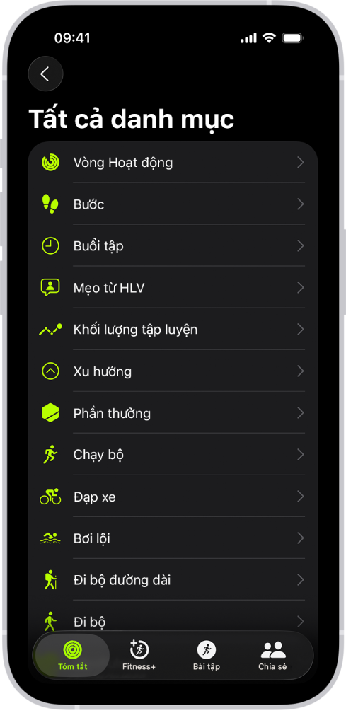 Màn hình Thể dục đang hiển thị một danh sách các danh mục thể dục.
