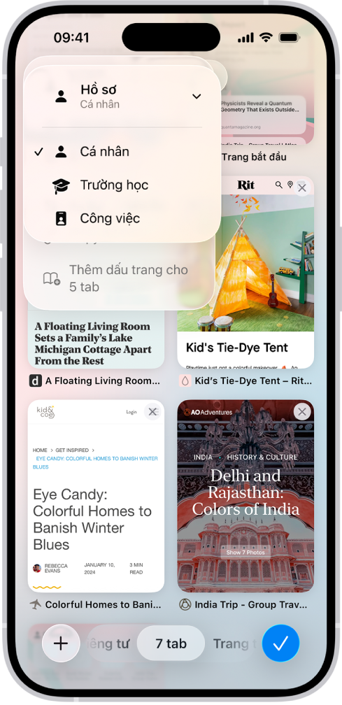 Một màn hình iPhone, hiển thị các tab đang mở và một menu các hồ sơ Cá nhân, Trường học và Công việc. Hồ sơ Cá nhân được chọn.