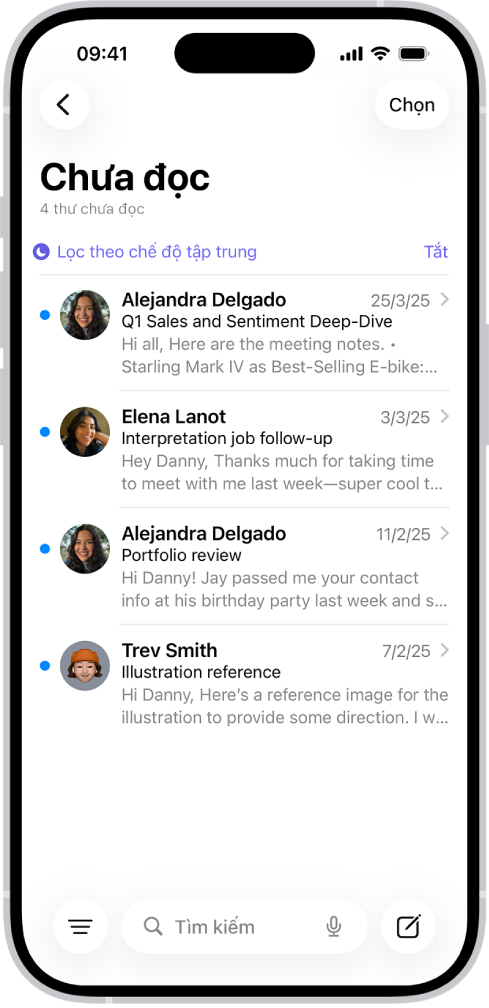 Hộp thư đến, đang hiển thị danh sách các thư. Phía trên danh sách các thư là nhãn Lọc theo chế độ tập trung và ở bên phải nhãn đó ghi là Tắt.