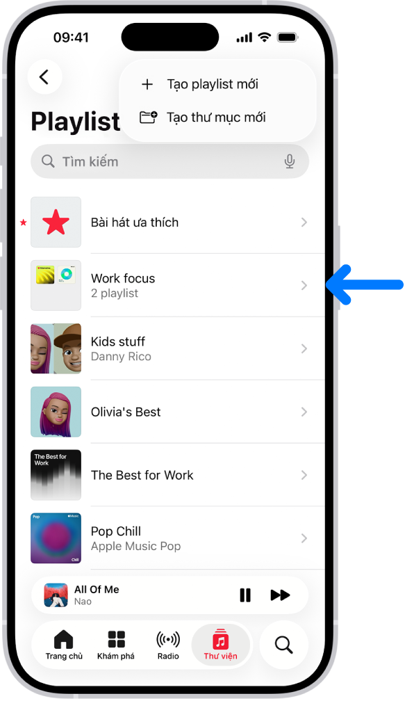 Tab Thư viện đang hiển thị một danh sách các playlist. Ở trên cùng là các nút để tạo playlist mới hoặc tạo thư mục mới. Một mũi tên màu lam đang trỏ vào thư mục playlist có tên Tập trung làm việc.