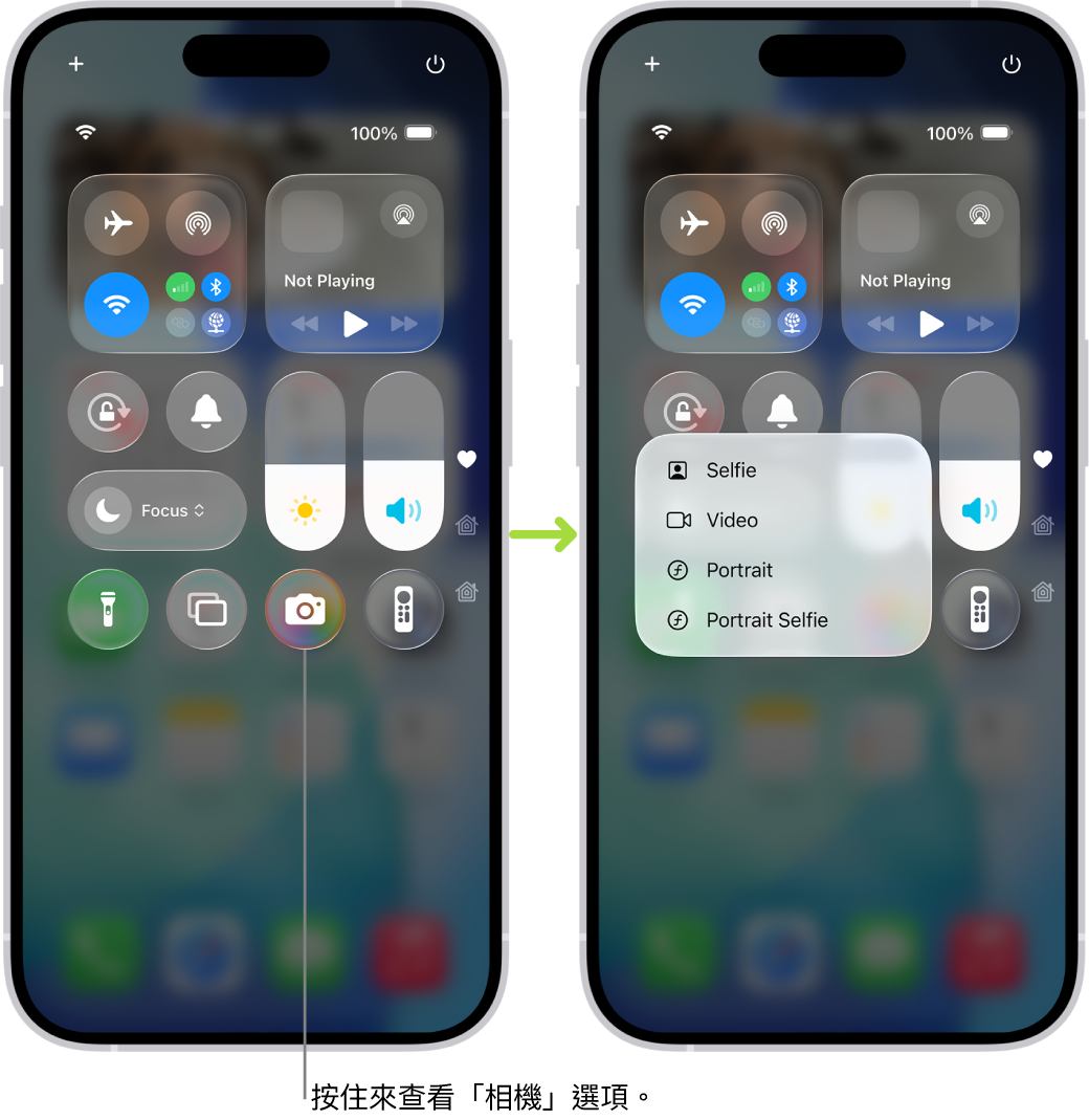 兩個並排的「控制中心」畫面，左邊畫面左上角群組顯示「飛行模式」、流動數據、Wi-Fi 和藍牙控制項目。「相機」圖像在右下角顯示。右邊的畫面在「相機」的快速動作選單中顯示更多選項：「自拍」、「錄影」、「人像」和「人像自拍」。