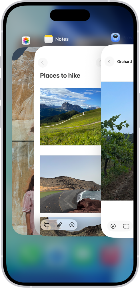 App 切换器。已打开 App 的图标显示在顶部，每个已打开 App 的当前屏幕显示在其图标下方。