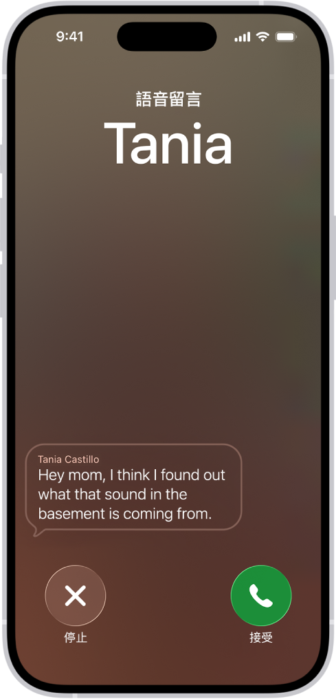 通話畫面顯示一位聯絡人的「即時語音留言」。轉錄成逐字稿的文字下方為通話的「停止」和「接受」按鈕。