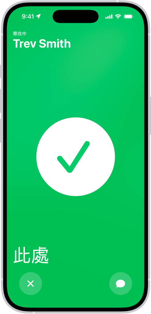 iPhone 螢幕顯示綠色,中央帶有一個大型註記符號。正在定位的人名位於左上角,左下角是文字「這裡」,表示碰面成功。
