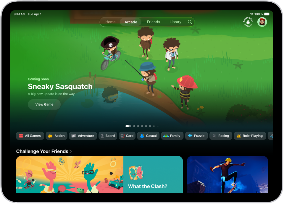 تطبيق Apple Games يظهر بها علامة تبويب Arcade. تعرض الشاشة عملًا فنيًا ترويجيًا للعبة قادمة. يتم تحديد علامة التبويب Arcade في شريط علامات التبويب.