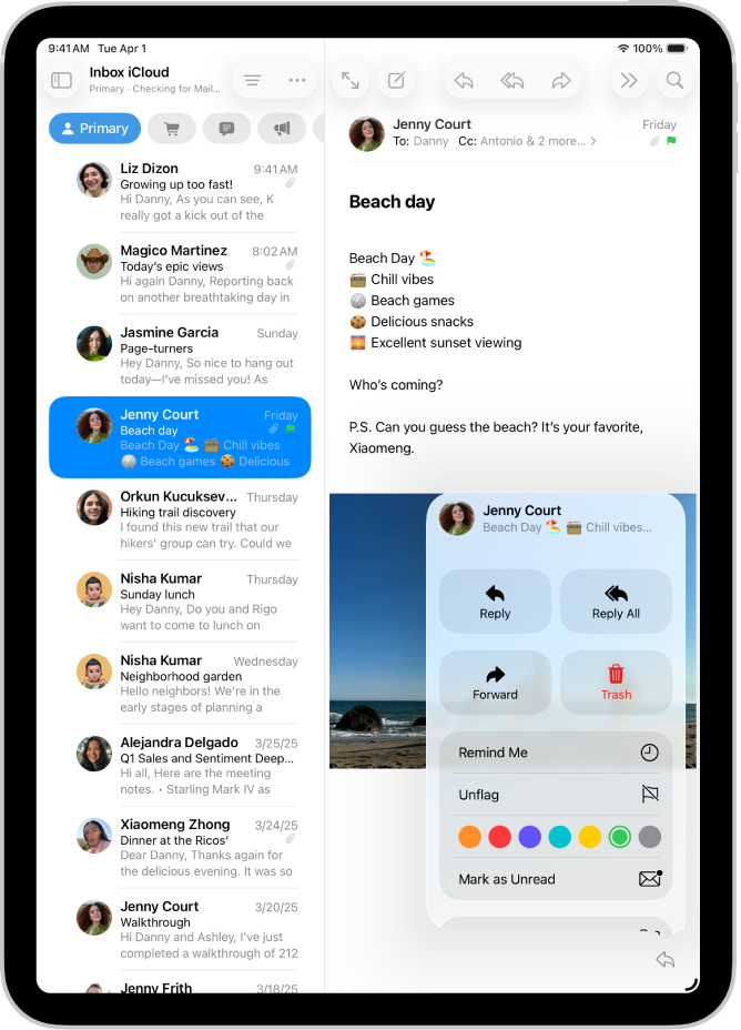 একটি খোলা ইমেল। ফ্ল্যাগ যোগ বা অপসারণের অপশন সহ মেনুটি ডানদিকে দেখানো হয়েছে।