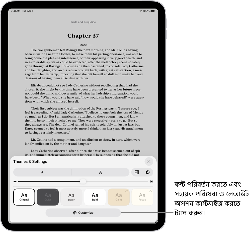 বই অ্যাপে কোনো বইয়ের পৃষ্ঠা। থিম ও সেটিংস বিকল্প ফন্ট সাইজ, স্ক্রোলিং ভিউ, পৃষ্ঠা উল্টানোর স্টাইল, উজ্জ্বলতা এবং ফন্ট স্টাইলের জন্য কন্ট্রোল দেখুন।