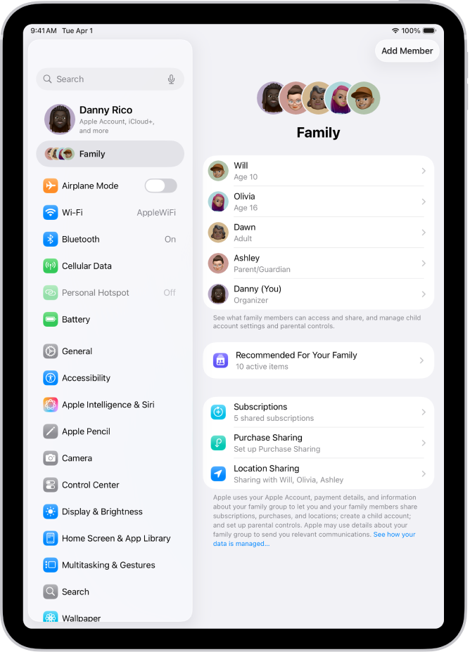 La pantalla “Família” a l’app Configuració. Apareix una llista de fins a cinc membres de la família damunt de les funcions compartides.