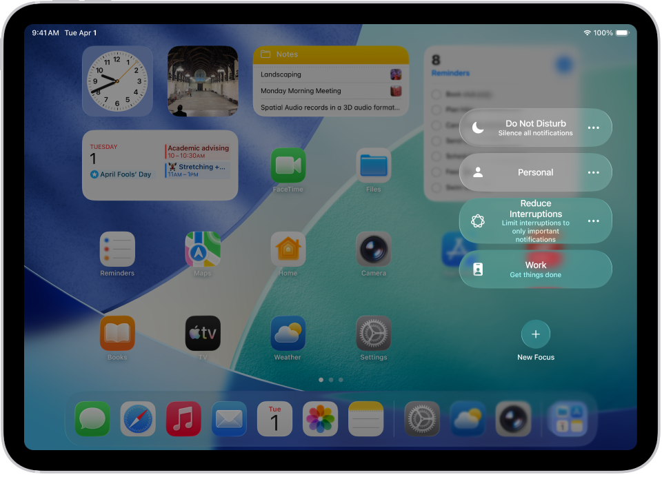 El centre de control mostra les opcions de Concentració, amb botons per configurar la durada de les opcions de Concentració.