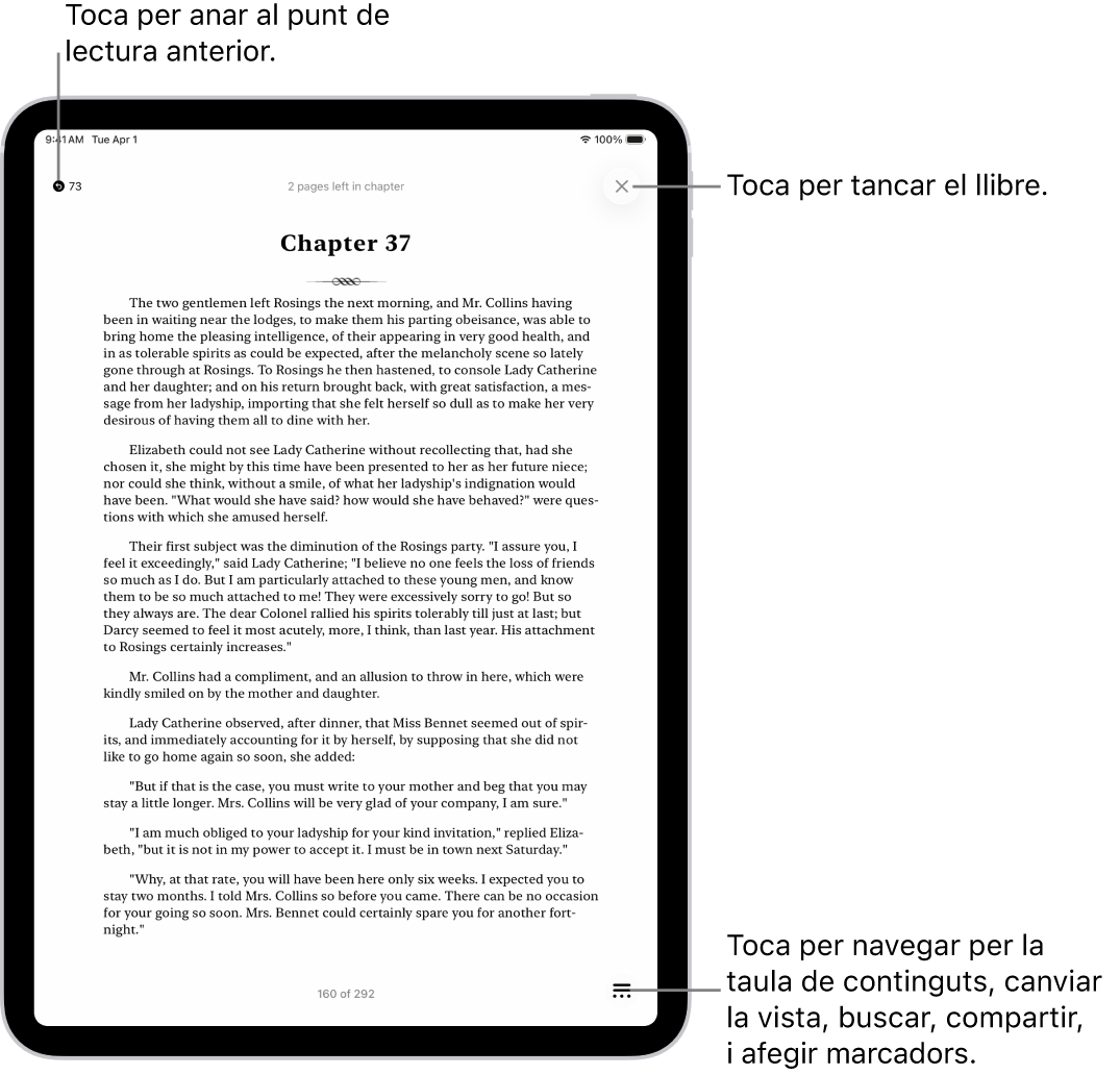 Pàgina d’un llibre a l’app Llibres. A la part superior de la pantalla hi ha els botons per tornar a la pàgina on has començat a llegir i per tancar el llibre. A la part inferior dreta de la pantalla, hi ha el botó “Menú”.