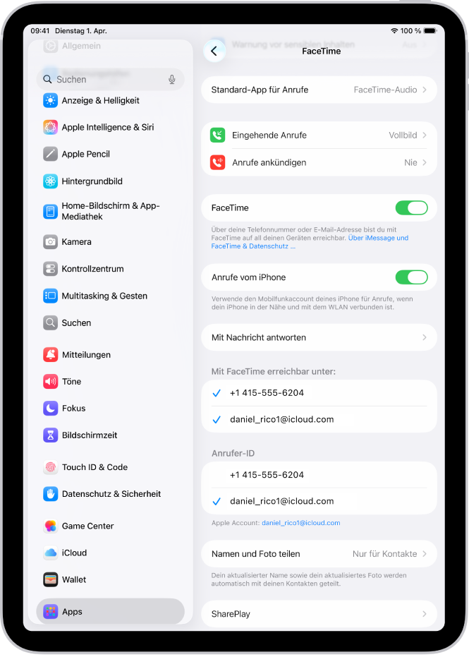Der Bildschirm „Einstellungen“ in FaceTime mit der Option „Standard-App für Anrufe“, dem Steuerelement zum Aktivieren und Deaktivieren von FaceTime und dem Apple Account, der für FaceTime verwendet wird.