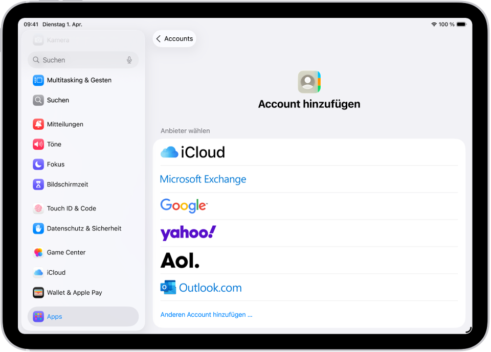 Der Bildschirm „Account hinzufügen“ zeigt unterschiedliche Kontaktdienste.