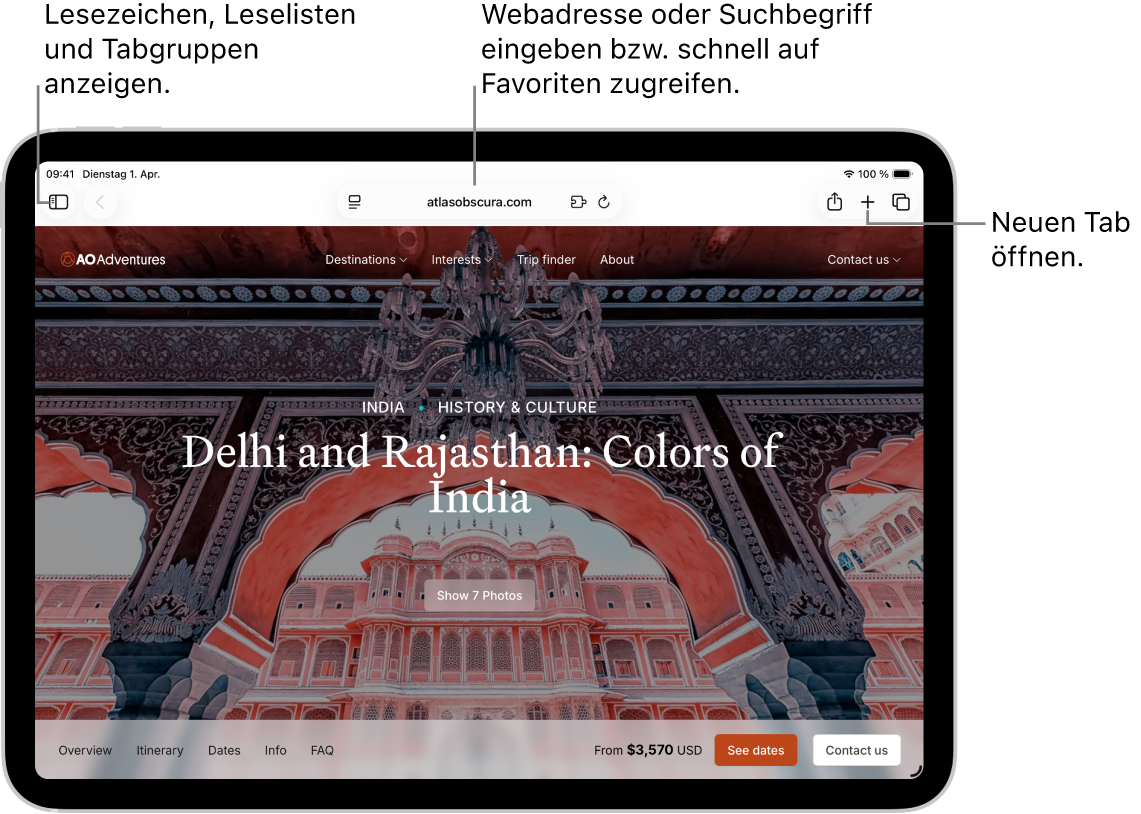 Eine geöffnete Webseite. Oben befinden sich von links nach rechts die Taste für die Taste „Seitenleiste“, die Taste „Zurück“, das Suchfeld, die Taste „Teilen“, die Taste „Neuer Tab“ und die Taste „Tabübersicht“.