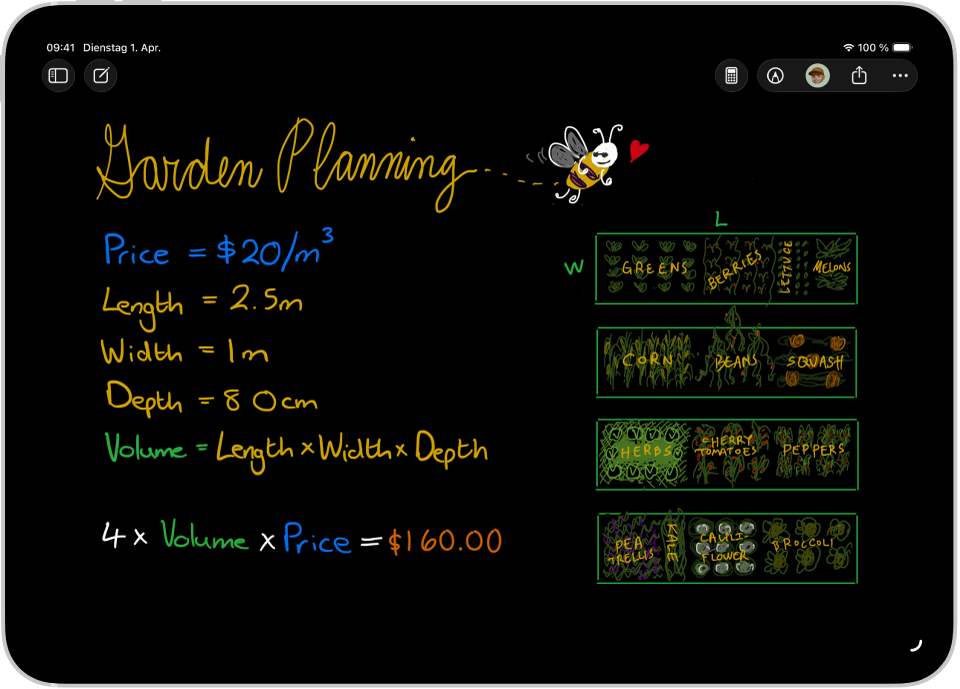 Eine mathematische Notiz ist im Rechner geöffnet, mit deklarierten Variablen, Gleichungen und einer Zeichnung des mathematischen Problems.