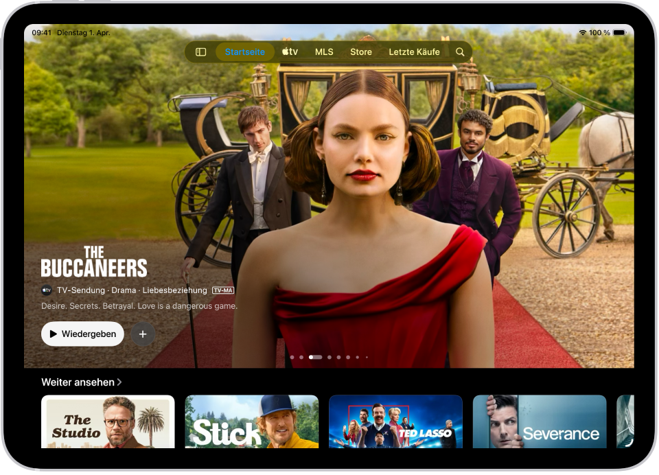 Der Tab „Startseite“ mit einem Apple Original in der Mitte über dem Bereich „Weiter ansehen“. Oben auf dem Bildschirm befinden sich (von links nach rechts) die Tabs „Startseite“, „Apple TV“, „MLS“, „Store“, „Letzte Käufe“ und „Suchen“.