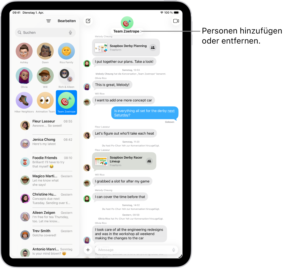 Eine Gruppenkonversation in der App „Nachrichten“ auf dem iPad. Links ist eine angepinnte Konversation in einer Konversationsliste ausgewählt. Rechts befindet sich ein Konversationstranskript, das geteilte Dateien enthält.
