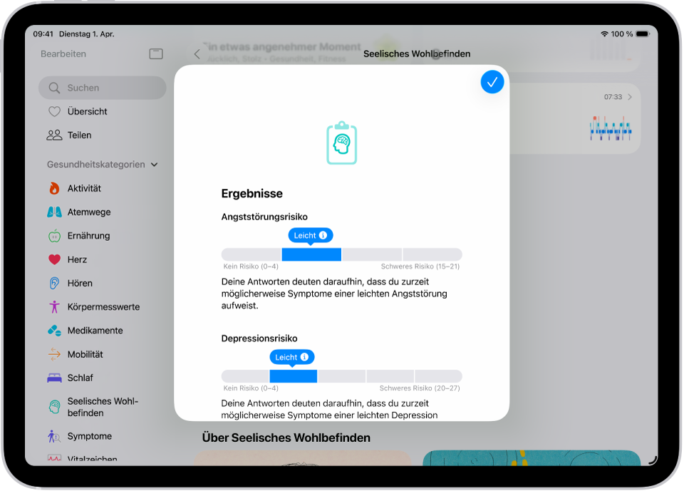Ein Bildschirm mit den Ergebnissen eines Fragebogens zur psychischen Gesundheit in der App „Health“.